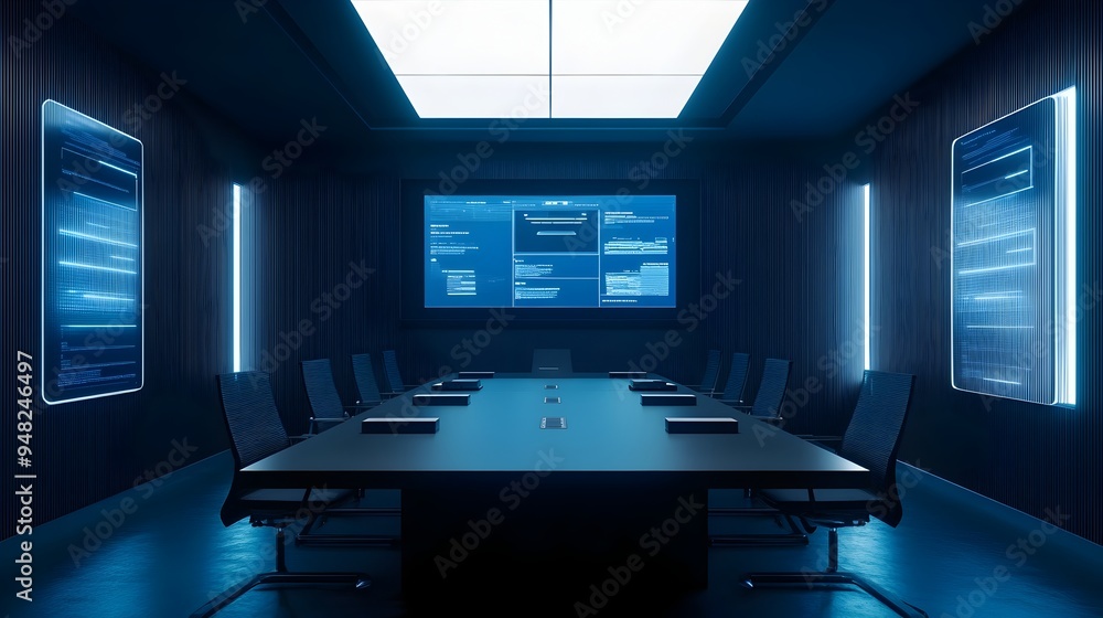 Poster a streamlined and technologically advanced smart meeting room featuring iot enabled automated lighti