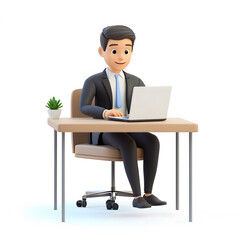 A 3D cartoon office employees sitting at a table with a laptop, against a white background. 