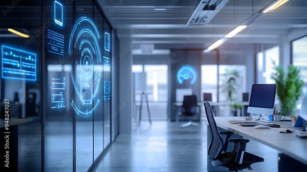 Poster photograph of a modern minimalist office space featuring iot sensors and analytics technology to mon