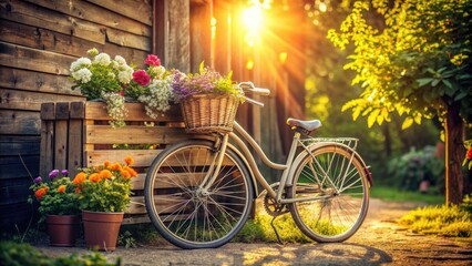Warm sunlight casts a golden glow on a vintage bicycle parked amidst rustic wooden crates and fresh flowers in a charming rural scene.