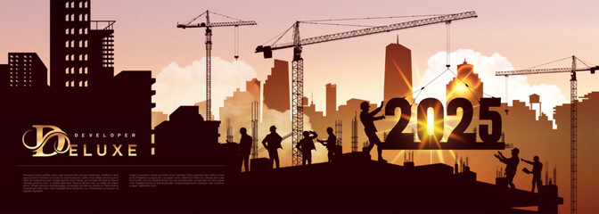 Large construction site, many construction cranes set numbers 2025. Black silhouette staff works as a to prepare to welcome the new year. Construction team sets numbers for New Year 2025. Vector.