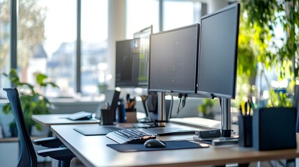 Photograph showcasing IoT enabled smart workstations with adjustable settings for optimal ergonomic comfort and efficiency in the modern office environment