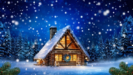 Festive Winter Banner with Glowing Snowflakes and Fir