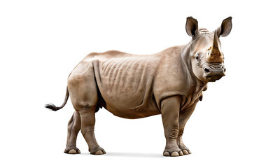 Obraz premium A powerful White Rhinoceros stands alert against a white background, its two horns and thick skin clearly visible. Perfect for wildlife documentaries, educational resources, or projects focused on con