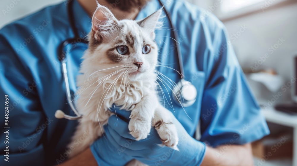 Wall mural a veterinarian in blue scrubs holding a white cat in a clinic, representing pet healthcare and veter