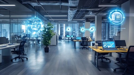 Fototapeta premium Innovative smart office space leveraging IoT technology to monitor and automatically optimize indoor air humidity levels for a comfortable energy efficient and productive work environment