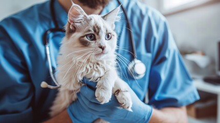 A veterinarian in blue scrubs holding a white cat in a clinic, representing pet healthcare and veterinary care.