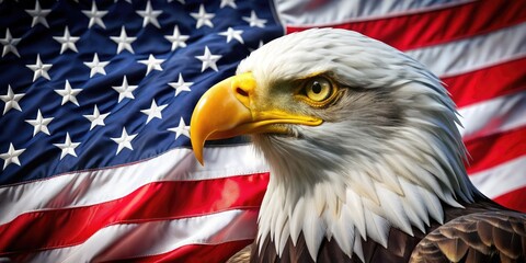 Naklejka premium Patriotic symbolism abounds in this stunning image, featuring the American flag, a majestic eagle, and a bold logo, perfect for posters, backgrounds, or banners.
