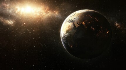 Obraz premium Artistic depiction of Earth illuminated by sunlight, with the planet's surface details visible and surrounded by the infinite space and distant stars.