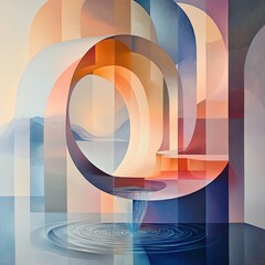  A surreal abstract painting featuring colorful geometric arches and a liquid vortex inside a transparent dome, creating a serene, dreamlike atmosphere.
