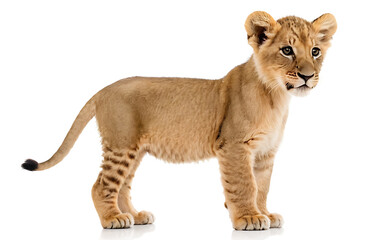 Obraz premium A young lion cub stands alert, gazing into the distance. Isolated on a white background, suitable for educational materials, wildlife publications, or designs featuring cubs and young animals.