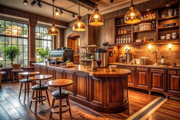 Cozy vintage-inspired cafe interior features warm wooden tones, classic round corner counter, and antique-like coffee machinery, evoking a sense of relaxed sophistication.