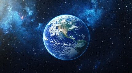 Obraz premium Earth viewed from space, floating against the backdrop of a vast starry universe, showcasing its vibrant blue oceans and swirling white clouds.