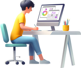3D illustration of a graphic designer sitting and working with computer graphics software at a desk, side view © Cyber D
