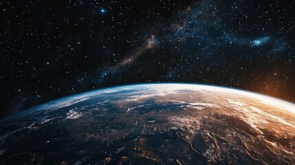Obraz premium Satellite image of Earth in space, showcasing the planet diverse landscapes and atmospheric layers against the backdrop of a star-filled cosmos.