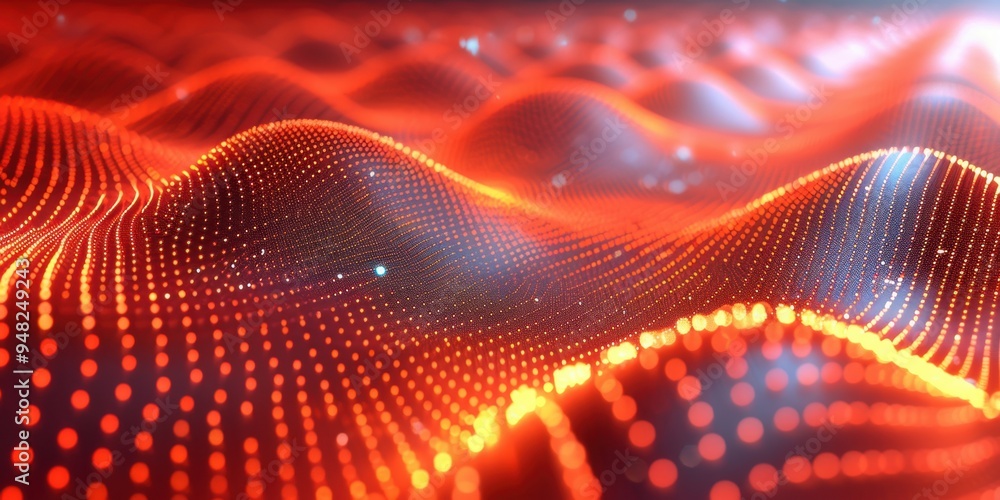 Poster abstract digital waves in red and orange tones, creating a futuristic and dynamic visual with glowin
