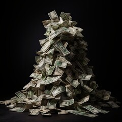 Piles of cash and banknotes on a black background symbolize wealth and financial success.