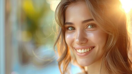 Naklejka premium A radiant young woman with a bright smile, captured in soft, warm sunlight, highlighting her natural beauty.