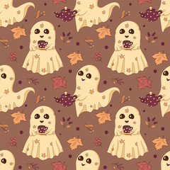 Cozy autumn Halloween seamless pattern with cute ghosts