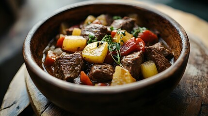 Hearty Beef and Vegetable Stew in Rustic Wooden Bowl on Rustic Table