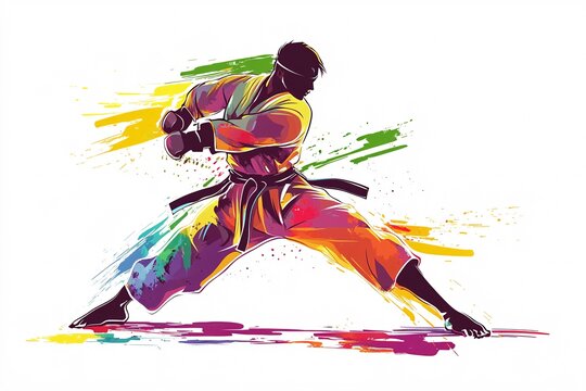 A karate fighater in action pose in front of white background. Colorful paint splatters on white background.
