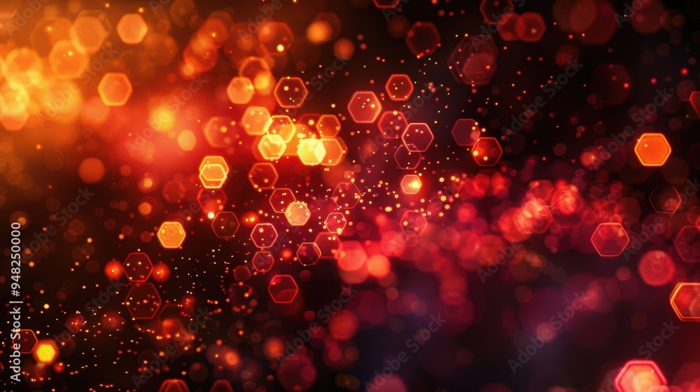 Poster a dynamic display of hexagonal red and orange bokeh lights, creating a vibrant and energetic visual 