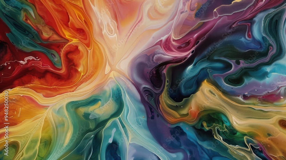 Poster a mesmerizing abstract fluid art painting with swirling multicolor patterns, creating a dynamic and 