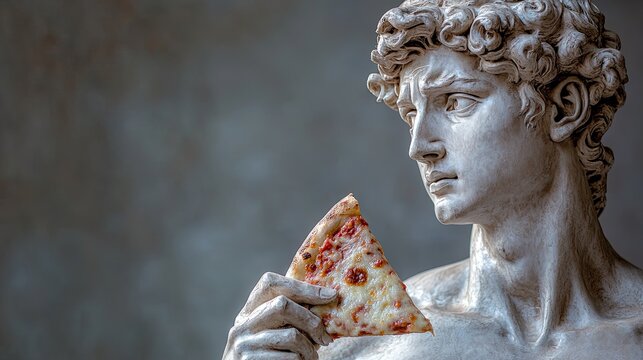 A classical sculpture depicted enjoying a slice of modern pizza, blending ancient art with contemporary food culture