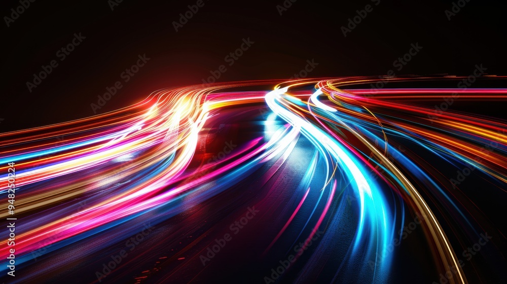 Poster long exposure shot of colorful light trails on a dark road, creating a dynamic and vibrant visual ef