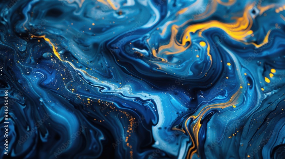Poster abstract blue and gold swirl pattern with intricate details and dynamic movement, creating a visuall