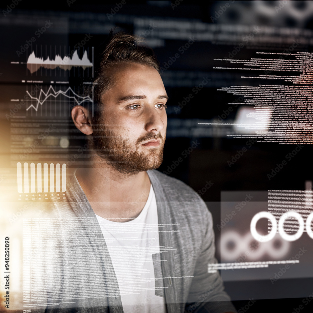 Poster Man, data and night with overlay for analytics, future development or statistics of dashboard. Young male person or analyst working late on futuristic technology with graph or chart for development