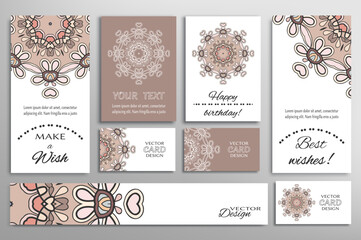 Big set of greeting Cards or wedding Invitations. Postcards template with inscription Make a Wish, Best Wishes, Happy Birthday. Banner, business cards with mandala ornament. Isolated design elements