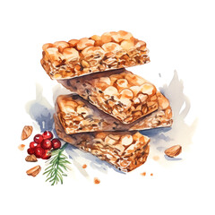 Delicious homemade nut and cranberry granola bars stacked above white surface with sprig decoration, perfect for healthy snacking.