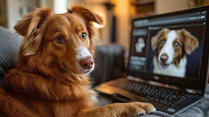Dog's online vet appointment with a remote vet on the screen