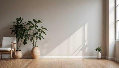 Fototapeta premium A minimalist room with a wooden floor, a white wall, and a vase with a plant on a wooden side table.