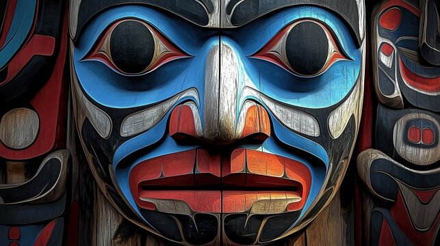 Close-up of a traditional Haida totem pole featuring an intricately painted face with vibrant blue and red colors. The high-resolution digital art emphasizes the detailed depiction of the eyes and mou