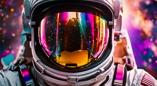 colorful cosmos reflecting in the helmet of an astronaut wearing a spacesuit with vibrant colors