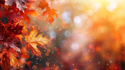 Fototapeta premium Close-up of vibrant autumn leaves with a soft, glowing bokeh background, capturing the essence and colors of fall.