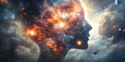 A cosmic silhouette blends human beauty with the vastness of space, symbolizing the connection between consciousness and the universe.