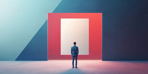 A person stands in front of a large empty canvas in a modern, abstract space, contemplating creativity and potential.