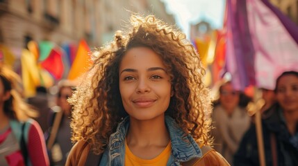 Fototapeta premium A Young Woman with Curly Hair Smiling in a Crowd
