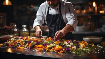 chef hand cooking meat salad with vegetables on restaurant kitchen.  