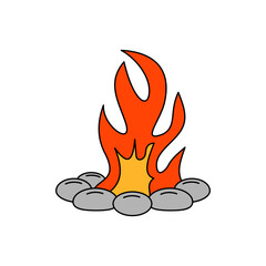 Burning bonfire with charcoal, stones and firewood vector illustration. Cartoon blazing flames burning stones.