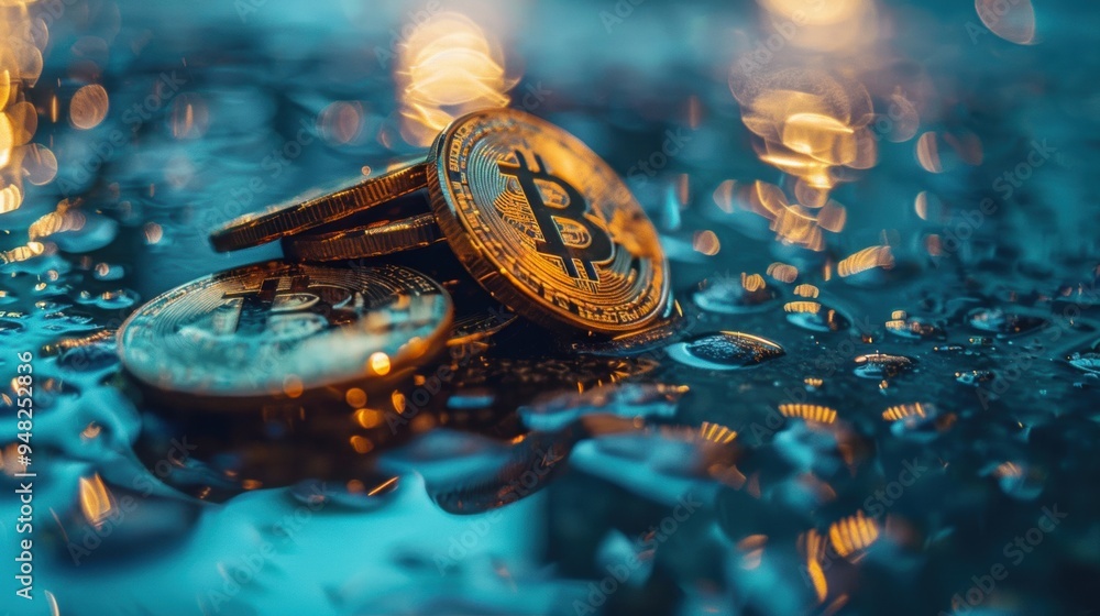 Poster bitcoin coins placed on a wet surface with bokeh lights, reflecting a futuristic and financial theme