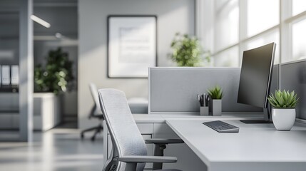 Modern office cubicle, sleek grey partitions, ergonomic desk chair, dual monitor setup, minimalist desk organizer, soft ambient lighting, potted succulent, motivational poster on wall.