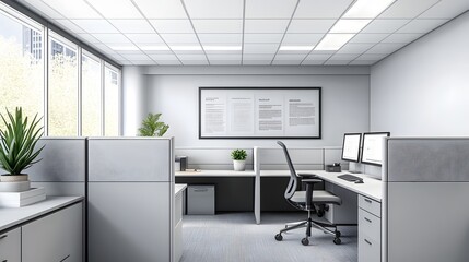 Modern office cubicle, sleek grey partitions, ergonomic desk chair, dual monitor setup, minimalist desk organizer, soft ambient lighting, potted succulent, motivational poster on wall.