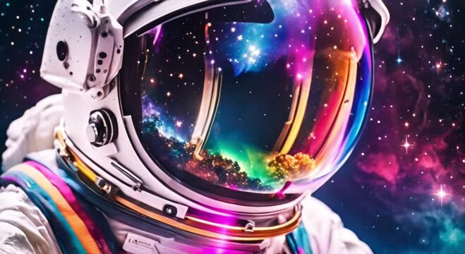 colorful cosmos reflecting in the helmet of an astronaut wearing a spacesuit with vibrant colors