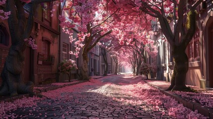 Obraz premium Cobblestone Street Lined with Pink Blossom Trees