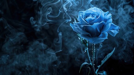 A captivating blue rose surrounded by swirling smoke, creating a mystical and enchanting atmosphere.