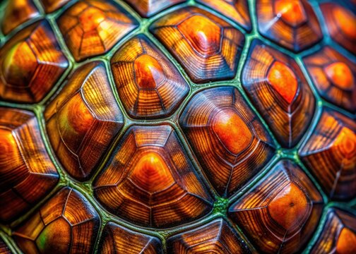 Vibrant colors and intricate details shine in this stunning macro shot of a turtle's mosaic-like shell, showcasing nature's artwork in perfect clarity.